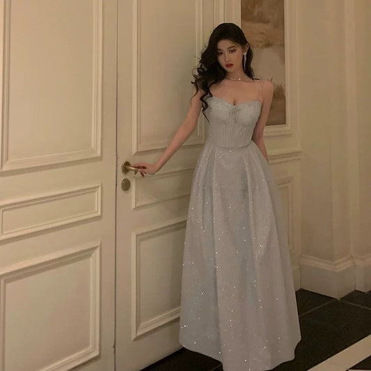 Pretty A Line Spaghetti Straps Pleated Silver Gray Sequin Prom Dresses Birthday Outfits Evening Gown