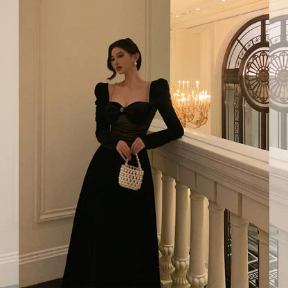 Pretty A Line Square Neckline Long Sleeves Black Velvet Prom Dresses Birthday Outfits Evening Gown