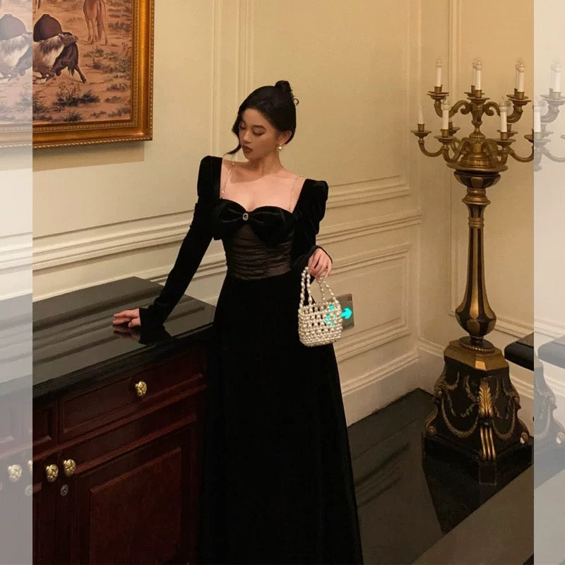 Pretty A Line Square Neckline Long Sleeves Black Velvet Prom Dresses Birthday Outfits Evening Gown
