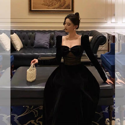 Pretty A Line Square Neckline Long Sleeves Black Velvet Prom Dresses Birthday Outfits Evening Gown