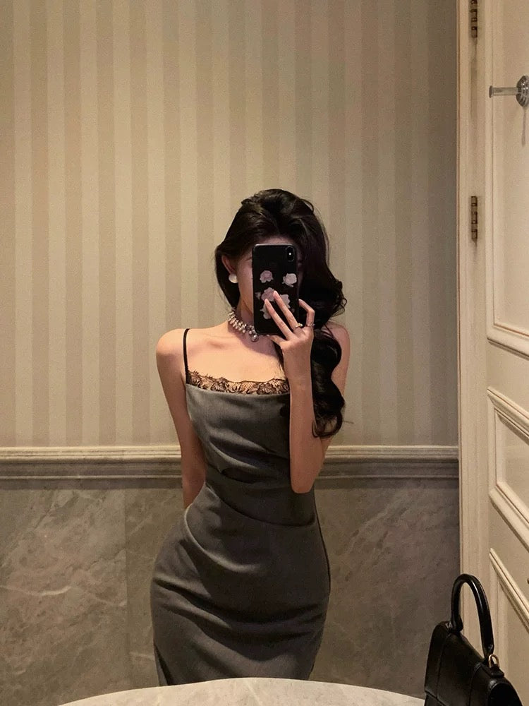 Pretty Sheath Spaghetti Straps Pleated Gray Prom Dresses Birthday Outfits Evening Gown
