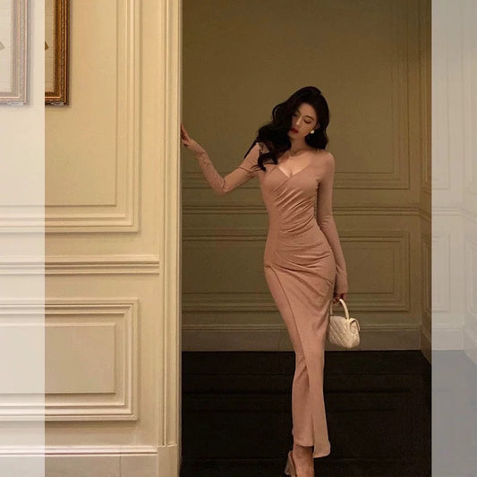 Pretty Sheath V Neckline Long Sleeves Pink Prom Dresses Birthday Outfits Evening Gown