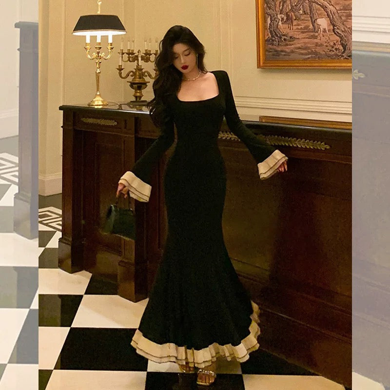Pretty Mermaid Square Neckline Black Prom Dresses Birthday Outfits Evening Gown