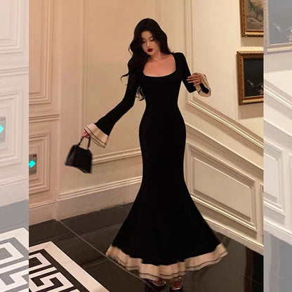 Pretty Mermaid Square Neckline Black Prom Dresses Birthday Outfits Evening Gown