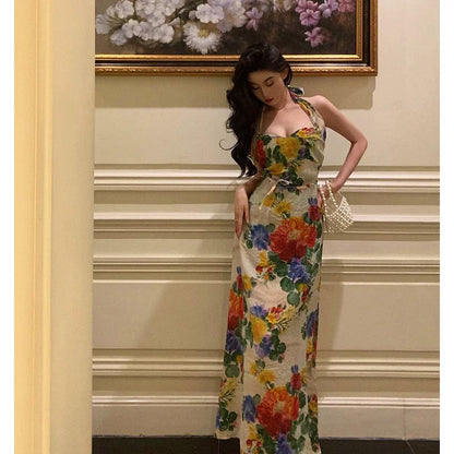 Pretty A Line Halter Floral Long Prom Dresses Birthday Outfits Evening Gown