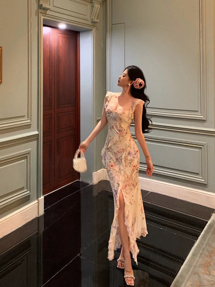 Pretty Sheath Straps Floral Chiffon Long Prom Dresses Birthday Outfits Evening Gown