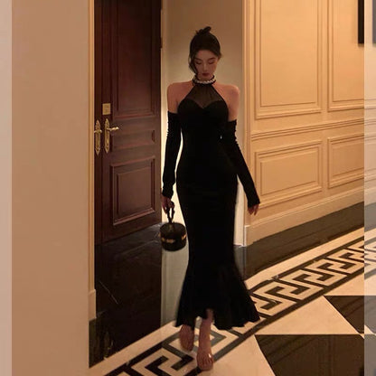 Classy Mermaid High Neckline Black Velvet Prom Dresses Birthday Outfits Evening Gown