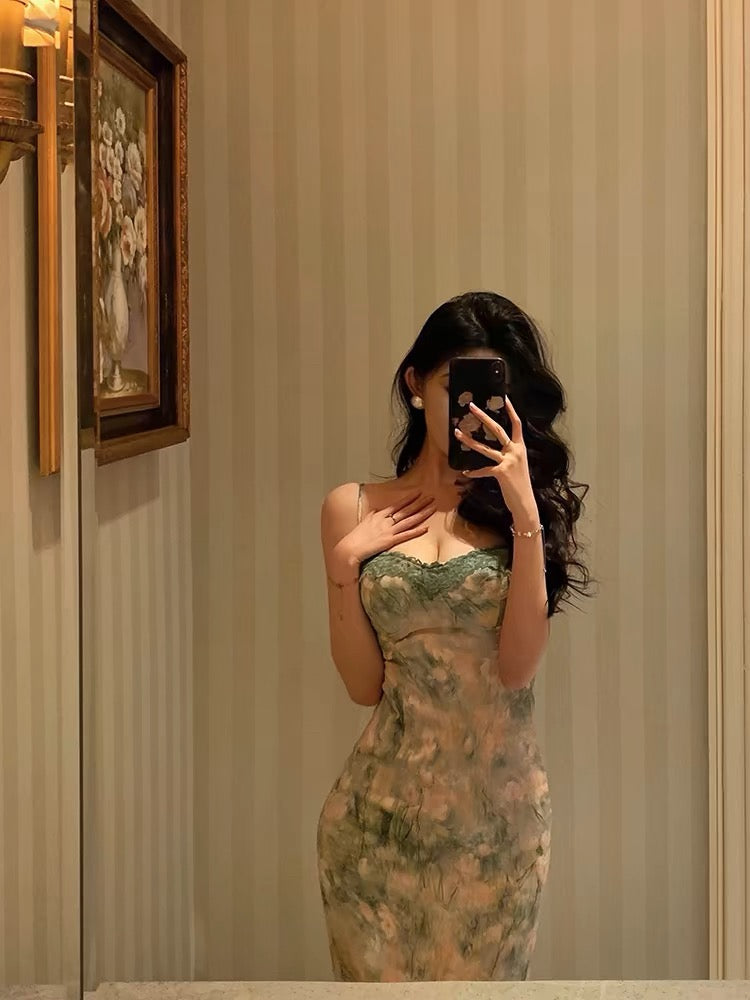 Classy Sheath Spaghetti Straps Green Floral Lace Prom Dresses Birthday Outfits Evening Gown