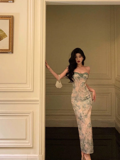 Classy Sheath Spaghetti Straps Green Floral Lace Prom Dresses Birthday Outfits Evening Gown