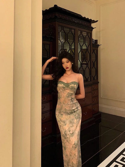 Classy Sheath Spaghetti Straps Green Floral Lace Prom Dresses Birthday Outfits Evening Gown