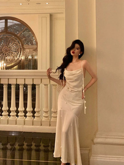 Classy Mermaid Spaghetti Straps White Floral Satin Prom Dresses Birthday Outfits Evening Gown