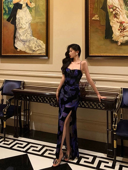 Classy Sheath Spaghetti Straps Royal Blue Floral Prom Dresses Birthday Outfits Evening Gown