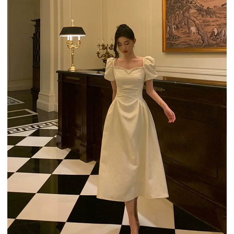 Classy French A line Short Sleeves Ivory Satin Prom Dresses Birthday Outfits Evening Gown