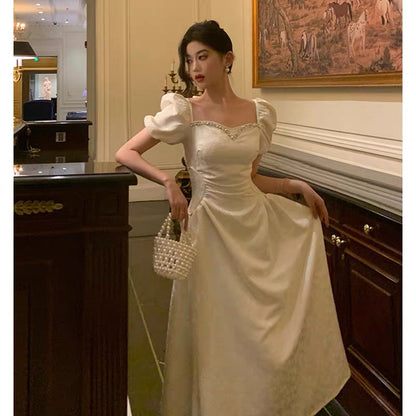 Classy French A line Short Sleeves Ivory Satin Prom Dresses Birthday Outfits Evening Gown