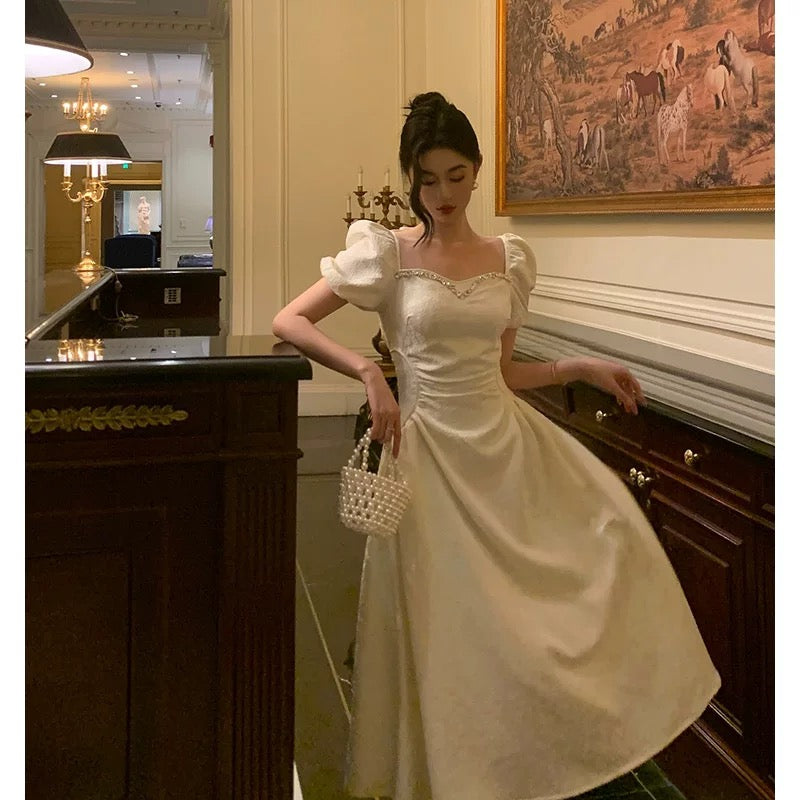 Classy French A line Short Sleeves Ivory Satin Prom Dresses Birthday Outfits Evening Gown