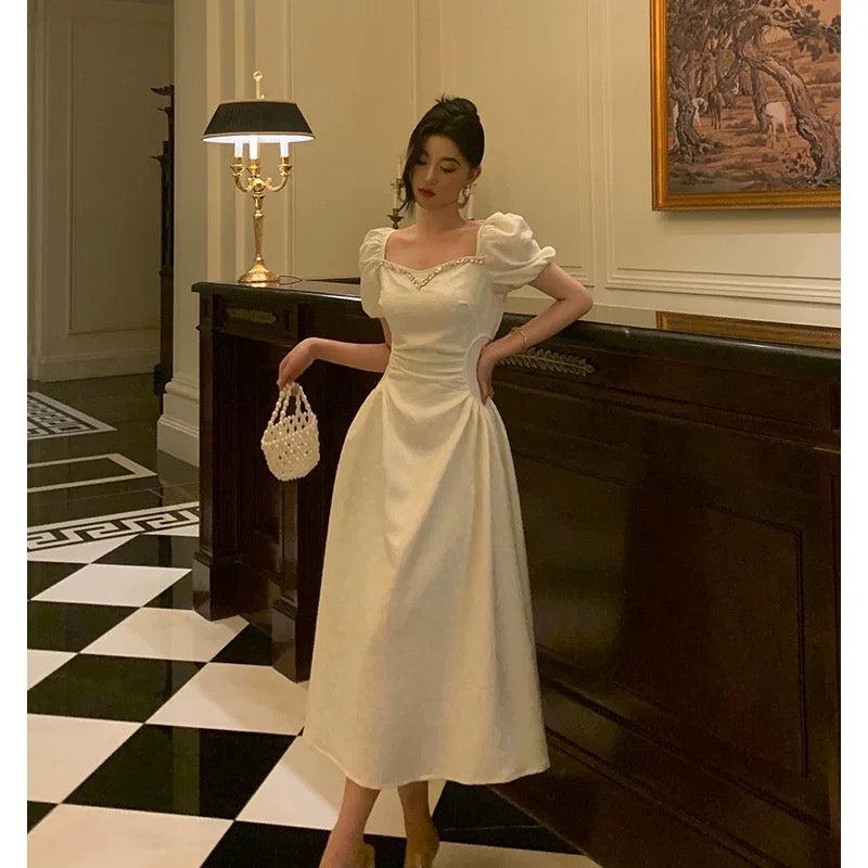 Classy French A line Short Sleeves Ivory Satin Prom Dresses Birthday Outfits Evening Gown