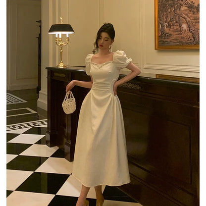 Classy French A line Short Sleeves Ivory Satin Prom Dresses Birthday Outfits Evening Gown