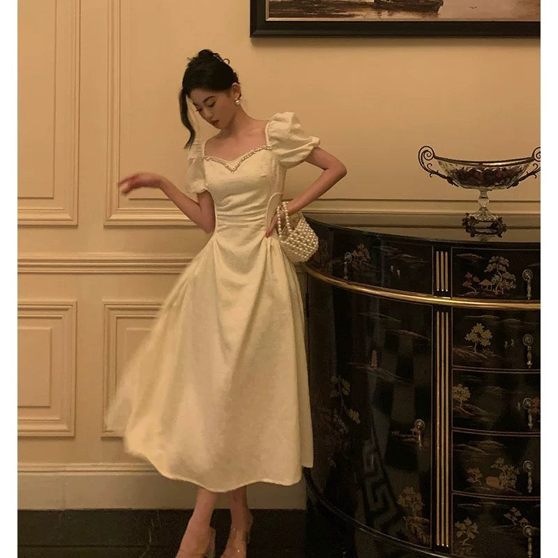 Classy French A line Short Sleeves Ivory Satin Prom Dresses Birthday Outfits Evening Gown