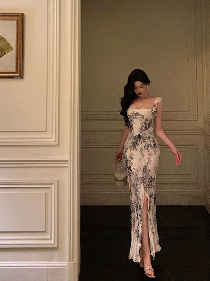 Classy Mermaid Square Neckline Ruffles Long Chiffon Slit Prom Dresses Birthday Outfits Evening Gown