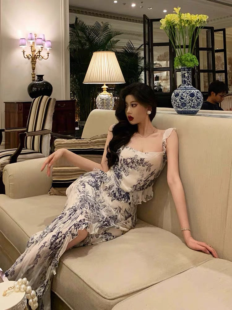 Classy Mermaid Square Neckline Ruffles Long Chiffon Slit Prom Dresses Birthday Outfits Evening Gown