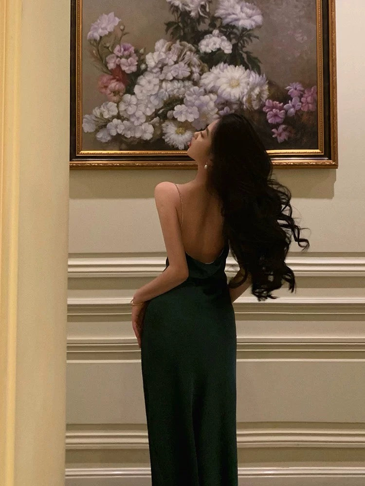 Classy Sheath Spaghetti Straps Dark Green Satin Prom Dresses Birthday Outfits Evening Gown