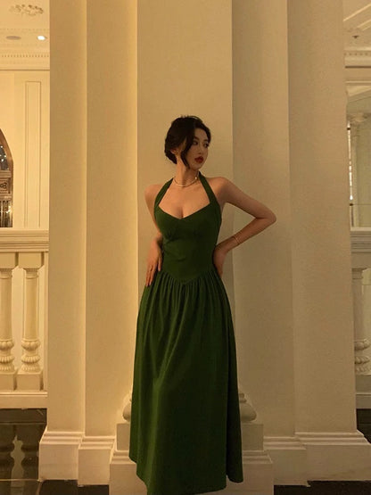 Classy A Line Halter Dark Green Prom Dresses Birthday Outfits Evening Gown