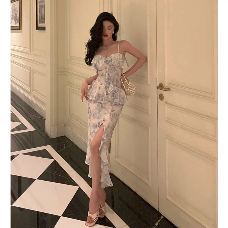 Classy Sheath Spaghetti Straps Chiffon Floral Prom Dresses Birthday Outfits Evening Gown