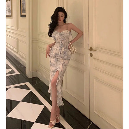 Classy Sheath Spaghetti Straps Chiffon Floral Prom Dresses Birthday Outfits Evening Gown