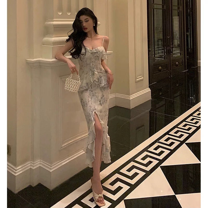 Classy Sheath Spaghetti Straps Chiffon Floral Prom Dresses Birthday Outfits Evening Gown