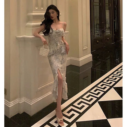 Classy Sheath Spaghetti Straps Chiffon Floral Prom Dresses Birthday Outfits Evening Gown