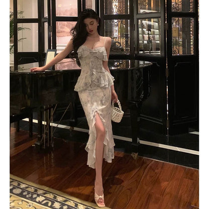 Classy Sheath Spaghetti Straps Chiffon Floral Prom Dresses Birthday Outfits Evening Gown
