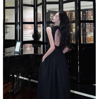 Simple A line Scoop Neckline Black Backless Prom Dresses Birthday Outfits Evening Gown