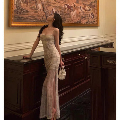 Classy Sheath Spaghetti Straps Floral Long Prom Dresses Birthday Outfits Evening Gown