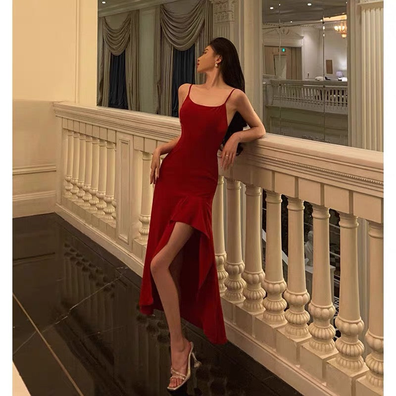 Simple High Low Spaghetti Straps Red Prom Dresses Birthday Outfits Evening Gown