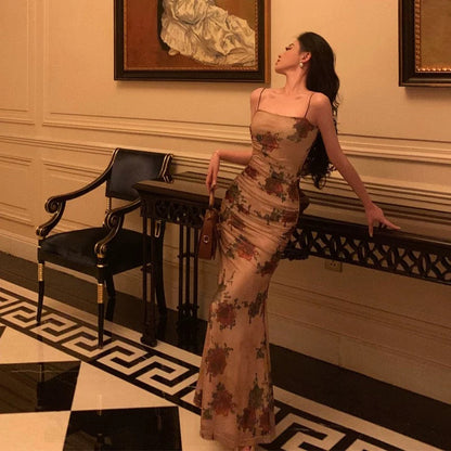 Sexy Sheath Spaghetti Straps Champagne Floral Prom Dresses Birthday Outfits Evening Gown