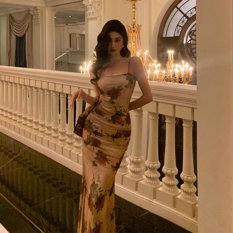 Sexy Sheath Spaghetti Straps Champagne Floral Prom Dresses Birthday Outfits Evening Gown