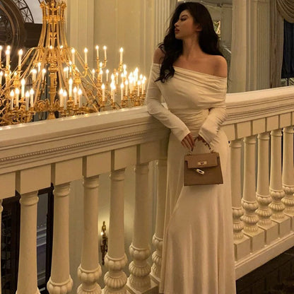 Simple Sheath Off The Shoulder Long Sleeves Ivory Prom Dresses Birthday Outfits Evening Gown