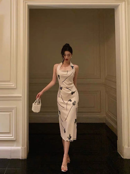 Pretty Sheath Halter Satin Floral Prom Dresses Birthday Outfits Evening Gown