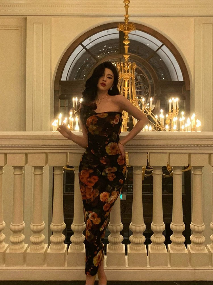 Sexy Sheath Strapless Black Floral Prom Dresses Birthday Outfits Evening Gown