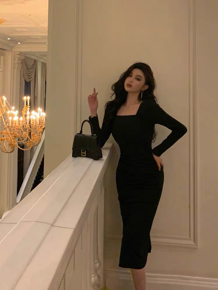 Classy Sheath Square Neckline Black Prom Dresses Birthday Outfits Evening Gown