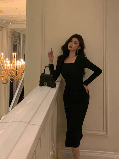 Classy Sheath Square Neckline Black Prom Dresses Birthday Outfits Evening Gown