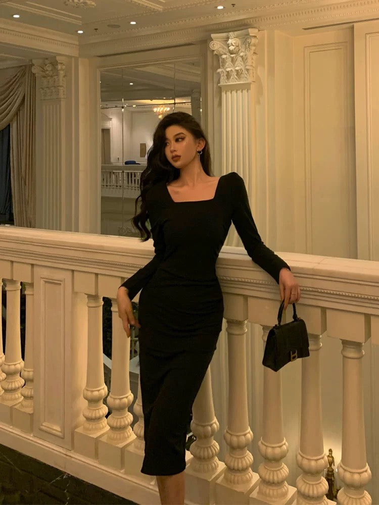 Classy Sheath Square Neckline Black Prom Dresses Birthday Outfits Evening Gown