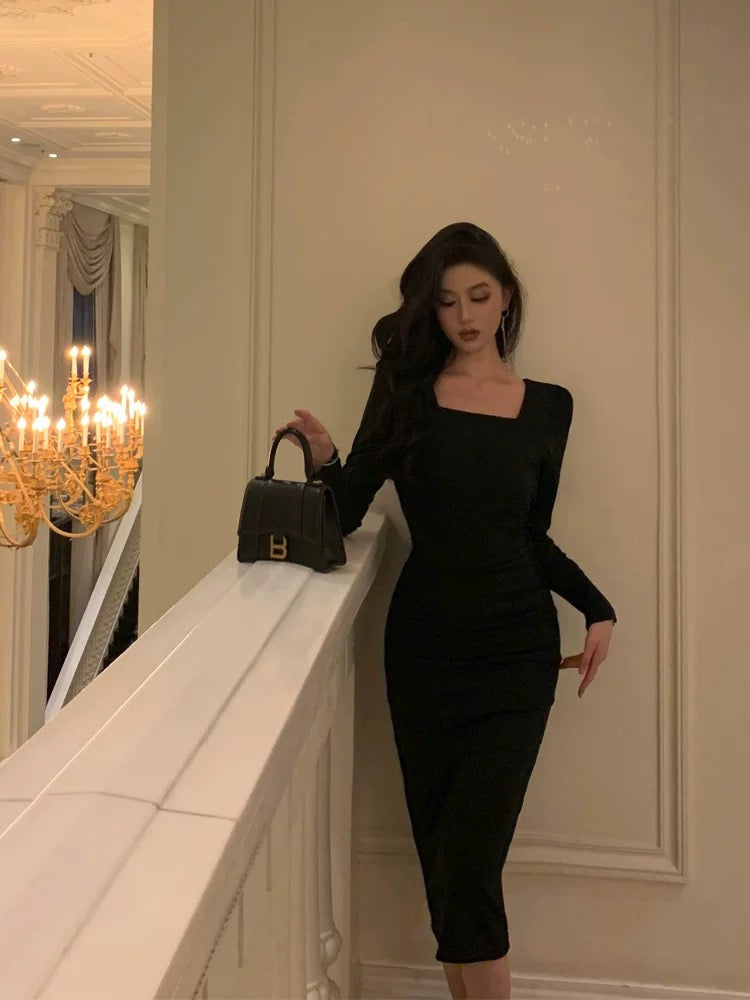 Classy Sheath Square Neckline Black Prom Dresses Birthday Outfits Evening Gown