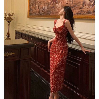 Elegant Sheath Spaghetti Straps Red Floral Prom Dresses Birthday Outfits Evening Gown