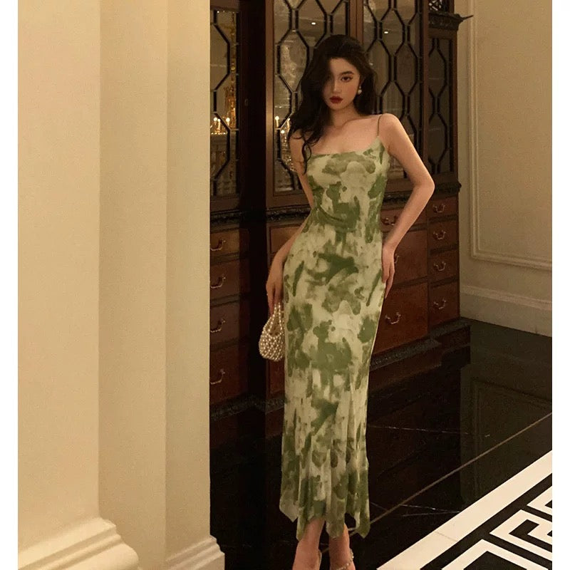 Elegant Sheath Spaghetti Straps Floral Green Prom Dresses Birthday Outfits Evening Gown