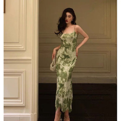 Elegant Sheath Spaghetti Straps Floral Green Prom Dresses Birthday Outfits Evening Gown