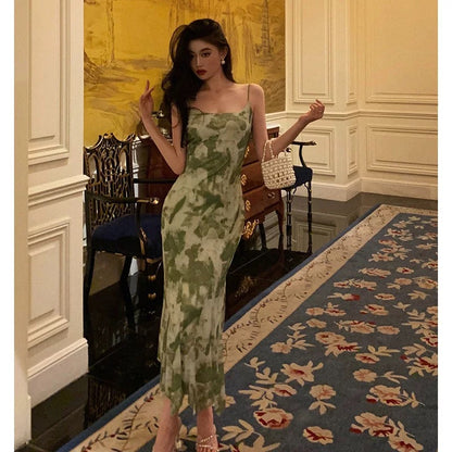 Elegant Sheath Spaghetti Straps Floral Green Prom Dresses Birthday Outfits Evening Gown