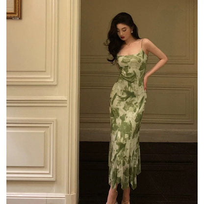 Elegant Sheath Spaghetti Straps Floral Green Prom Dresses Birthday Outfits Evening Gown