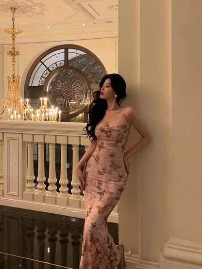 Elegant Sheath Spaghetti Straps Floral Pink Prom Dresses Birthday Outfits Evening Gown