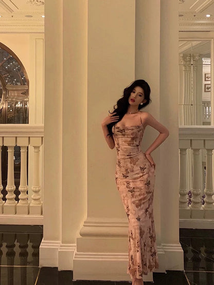 Elegant Sheath Spaghetti Straps Floral Pink Prom Dresses Birthday Outfits Evening Gown